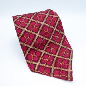 Vintage Claiborne Silk Necktie Red Gold Tile Geometric Diamond USA 3.75W x 57.5L